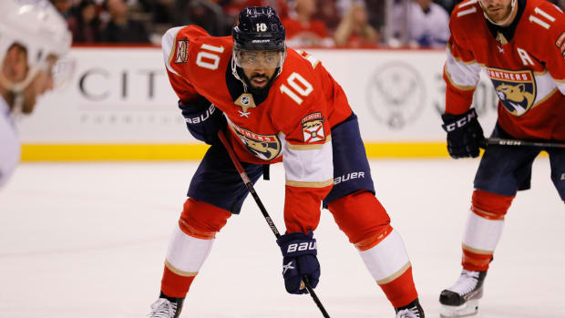 Panthers left wing Anthony Duclair (10) looks on during the third period of a game against the Lightning.